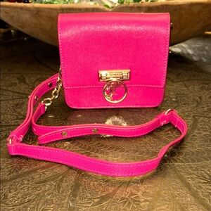 Authentic Versace Pink Saffiano Leather Crossbody Bag Chain Link Mini Purse